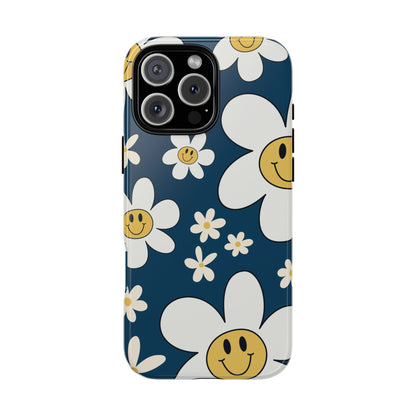 Fun Retro Daisy Pattern with Blue Background Phone Case - Blue Phone Case - iPhone 16 Pro Max / Glossy