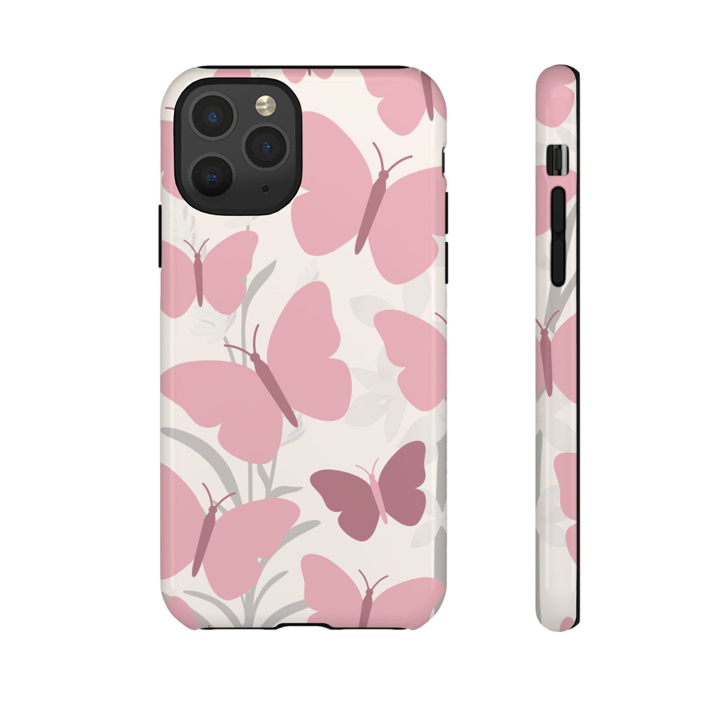 iPhone 11 Pro / Glossy Phone Case - Minimalist Cream & Pink Butterfly Pattern Phone Case