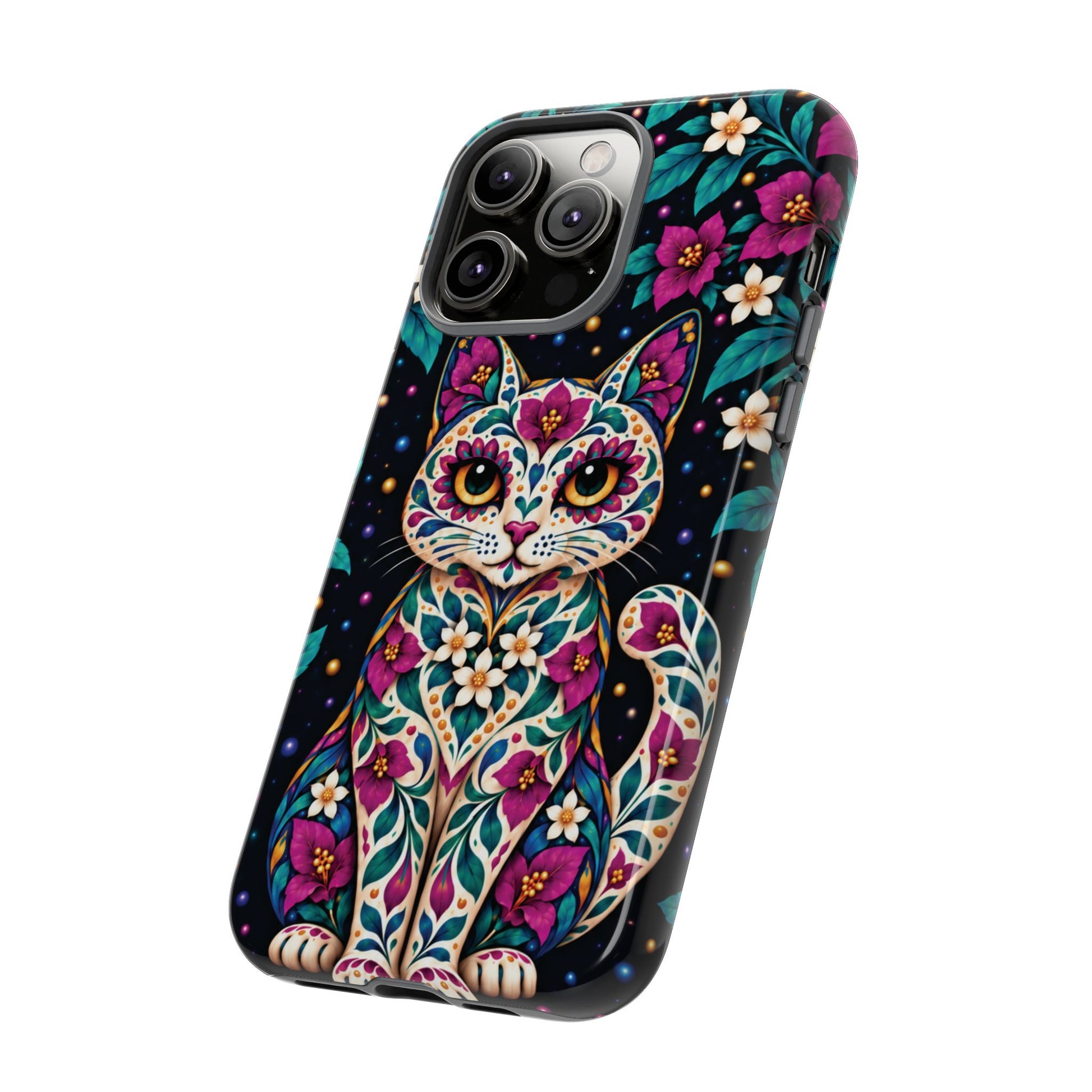 Vibrant Purple and Teal Calavera Cat Phone Case - Multicolor Phone Case