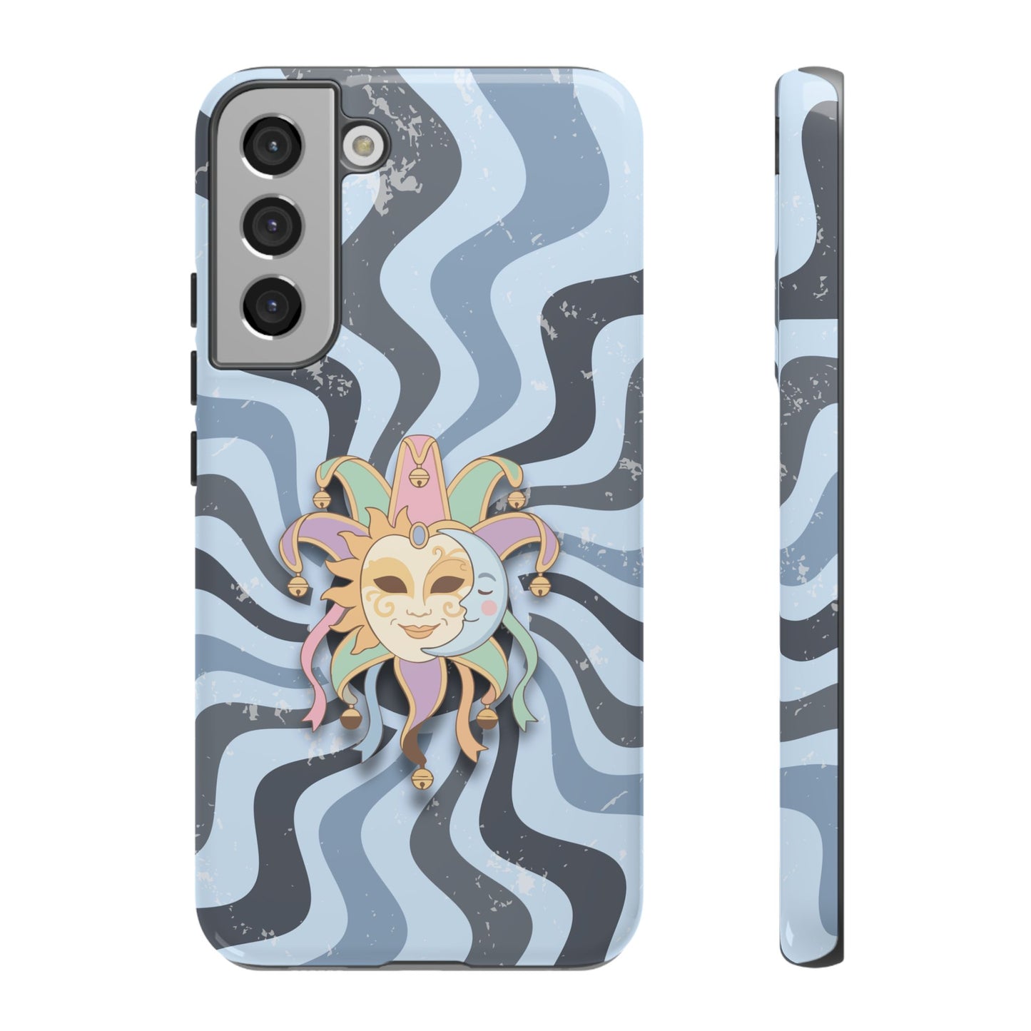 Samsung Galaxy S22 Plus / Glossy Phone Case - Sun & Moon Jester Mask – Blue Retro Wave Phone Case