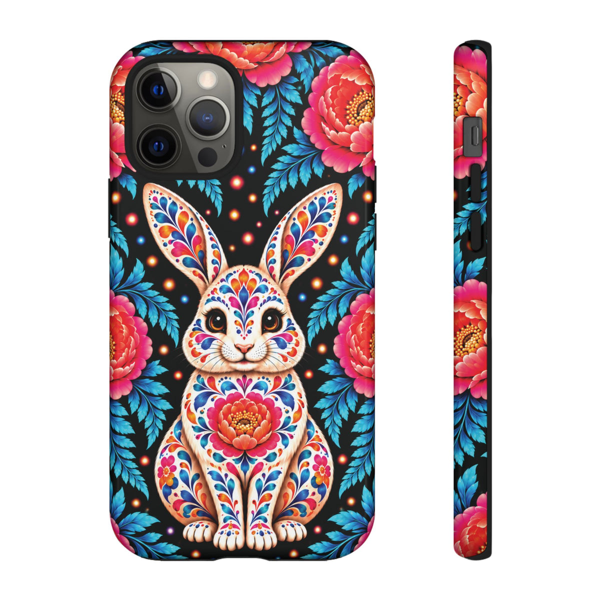 Cute Pink and Turquoise Calavera Bunny Phone Case - Multicolor Phone Case - iPhone 12 Pro / Glossy
