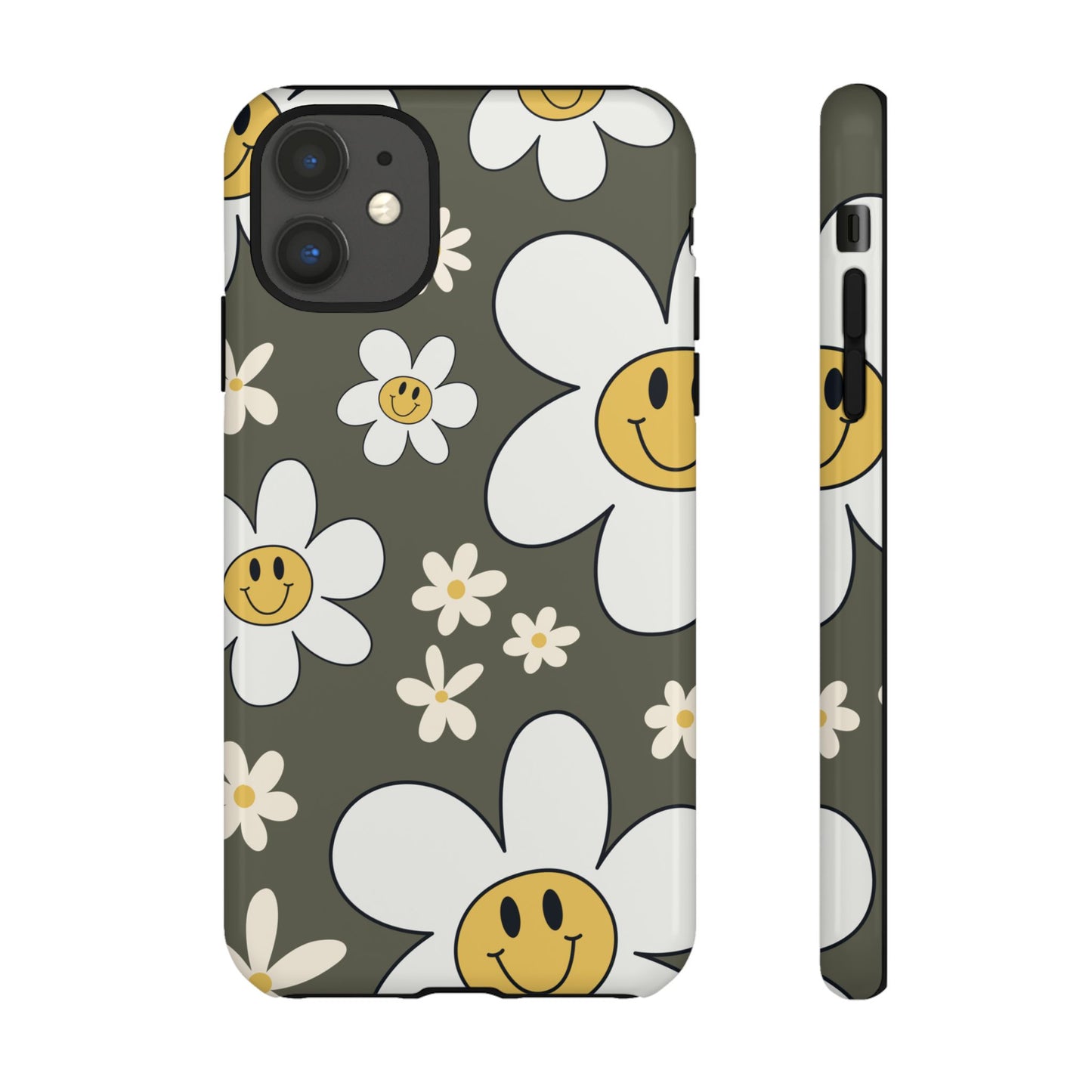 iPhone 11 / Glossy Phone Case - Fun Retro Daisy Pattern with Olive Green Background Phone Case