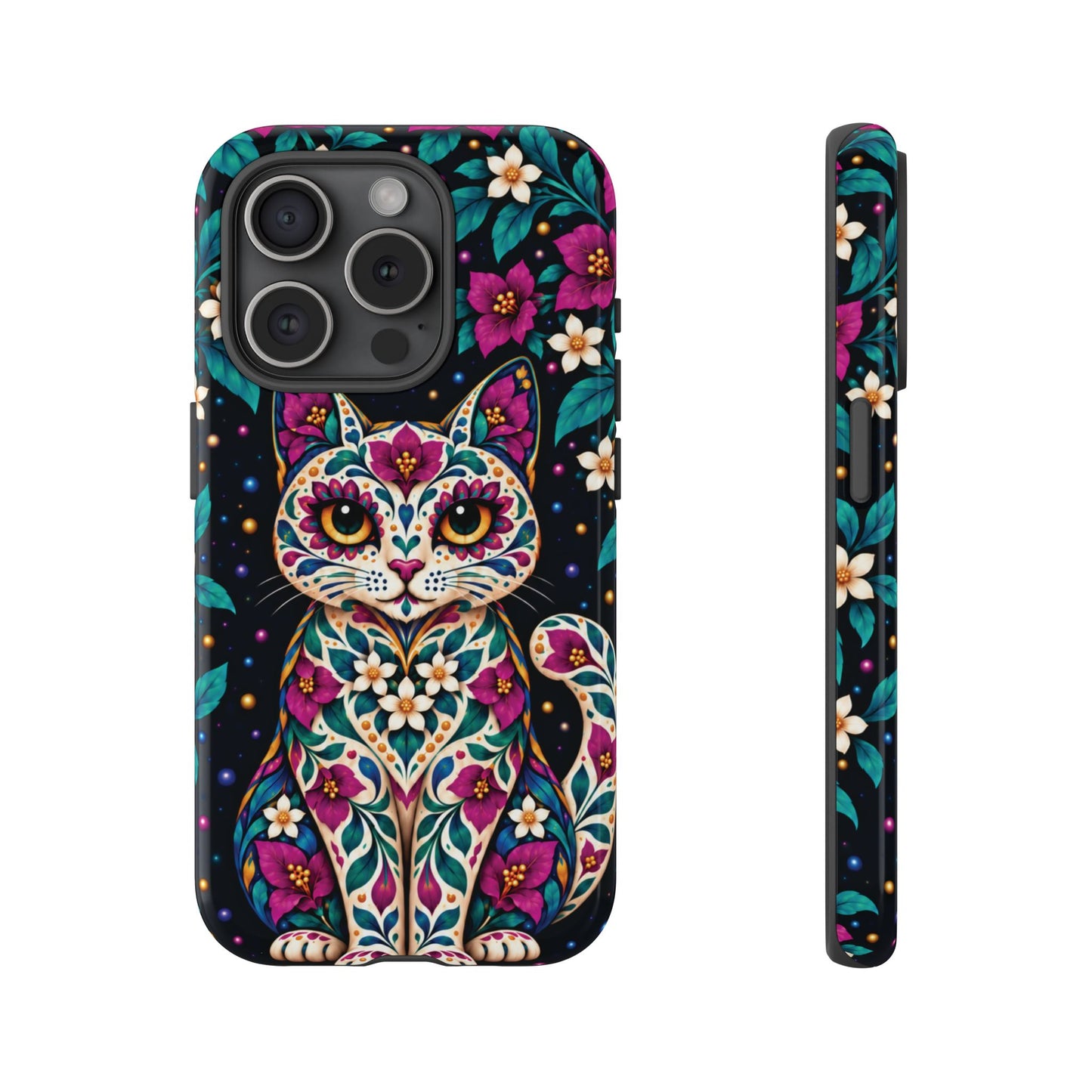 Vibrant Purple and Teal Calavera Cat Phone Case - Multicolor Phone Case - iPhone 15 Pro / Glossy