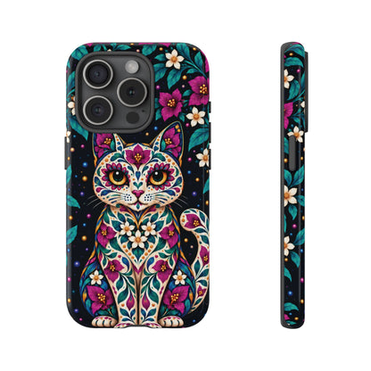 Vibrant Purple and Teal Calavera Cat Phone Case - Multicolor Phone Case - iPhone 15 Pro / Glossy