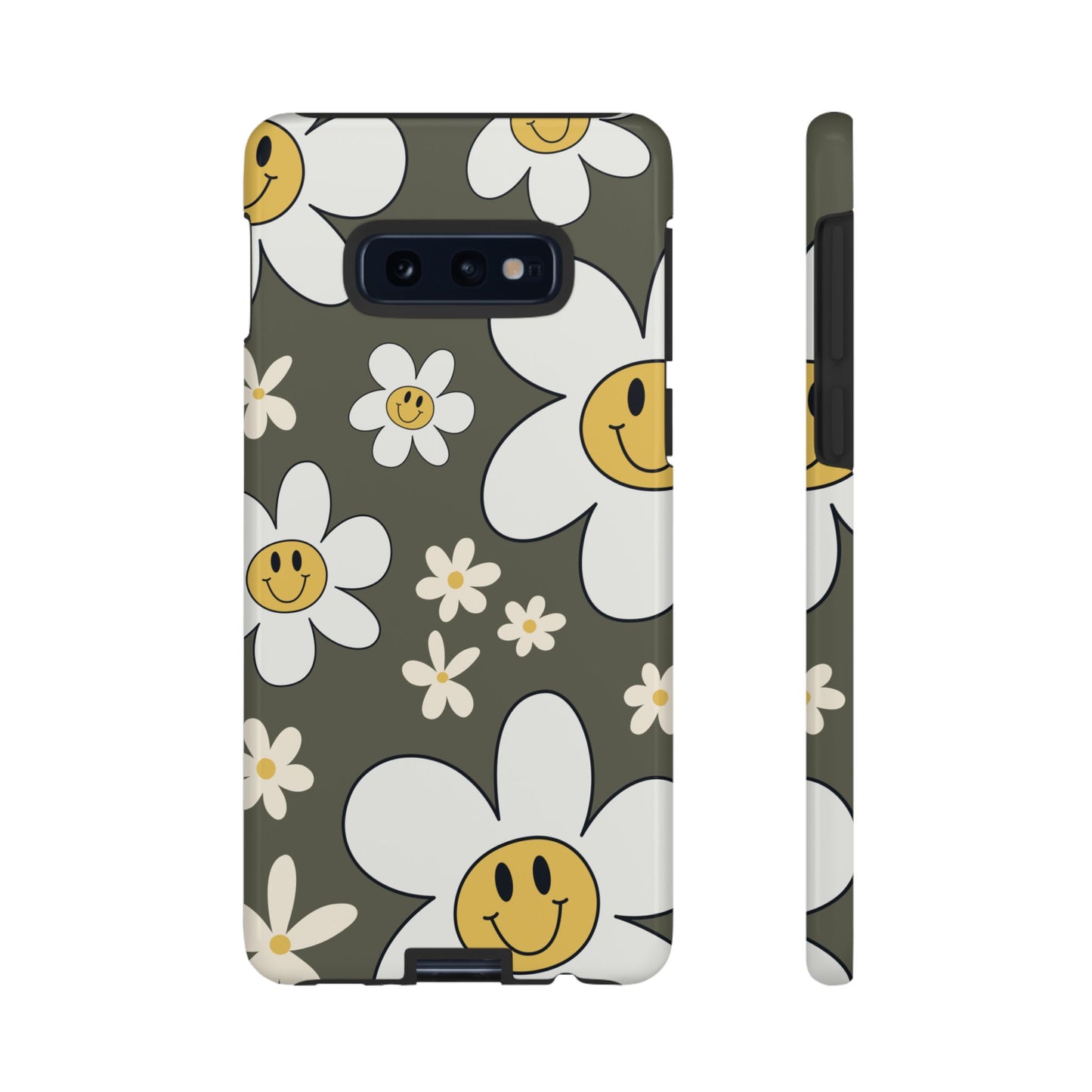 Samsung Galaxy S10E / Glossy Phone Case - Fun Retro Daisy Pattern with Olive Green Background Phone Case
