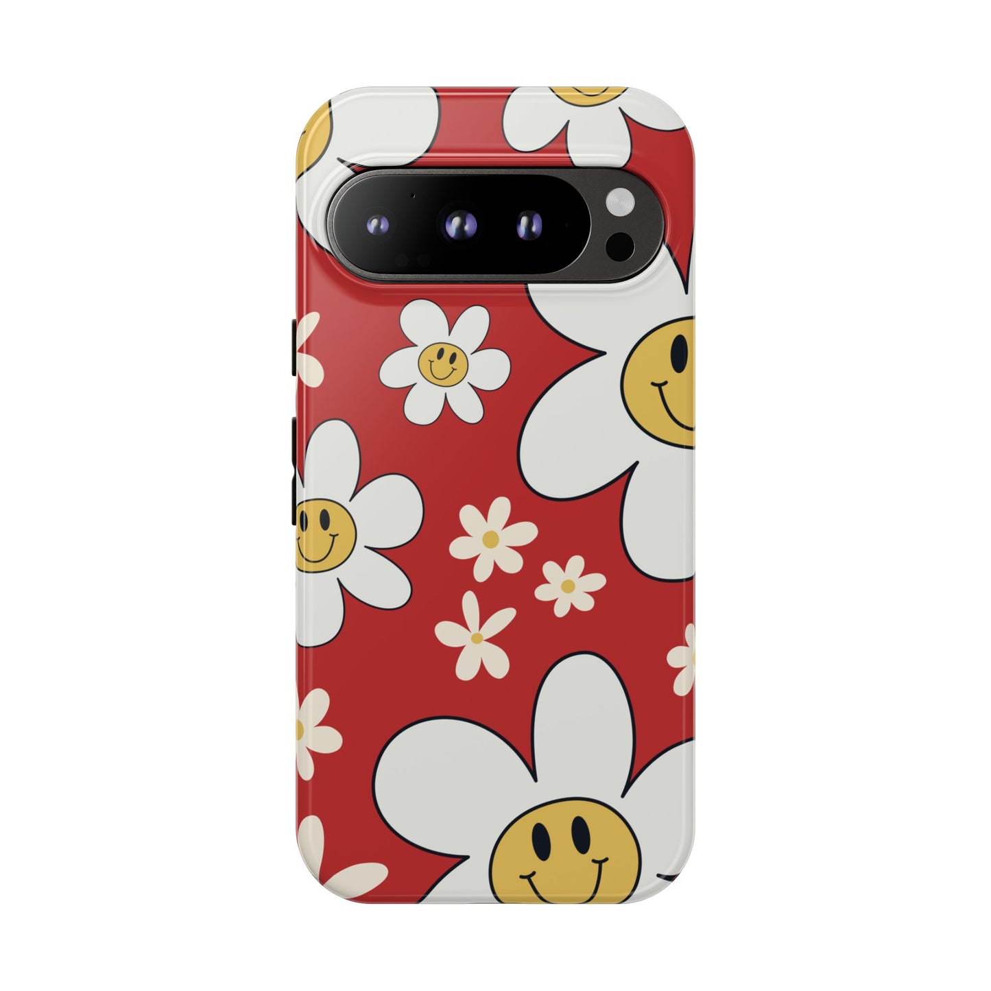 Google Pixel 9 Pro / Glossy Phone Case - Fun Retro Daisy Pattern with Red Background Phone Case