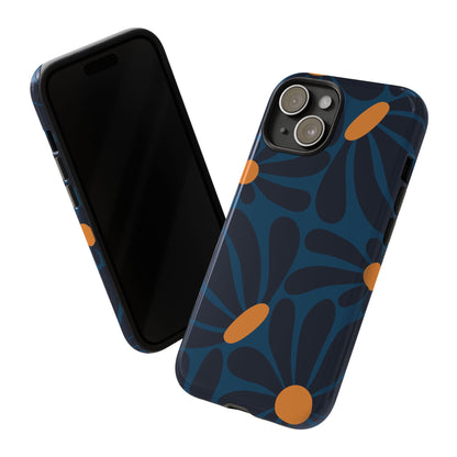 Dark Blue & Orange Daisy Pattern Phone Case - Blue Phone Case