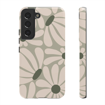 Samsung Galaxy S22 / Glossy Phone Case - ’Retro Cream & Green Daisy Pattern’ Phone Case