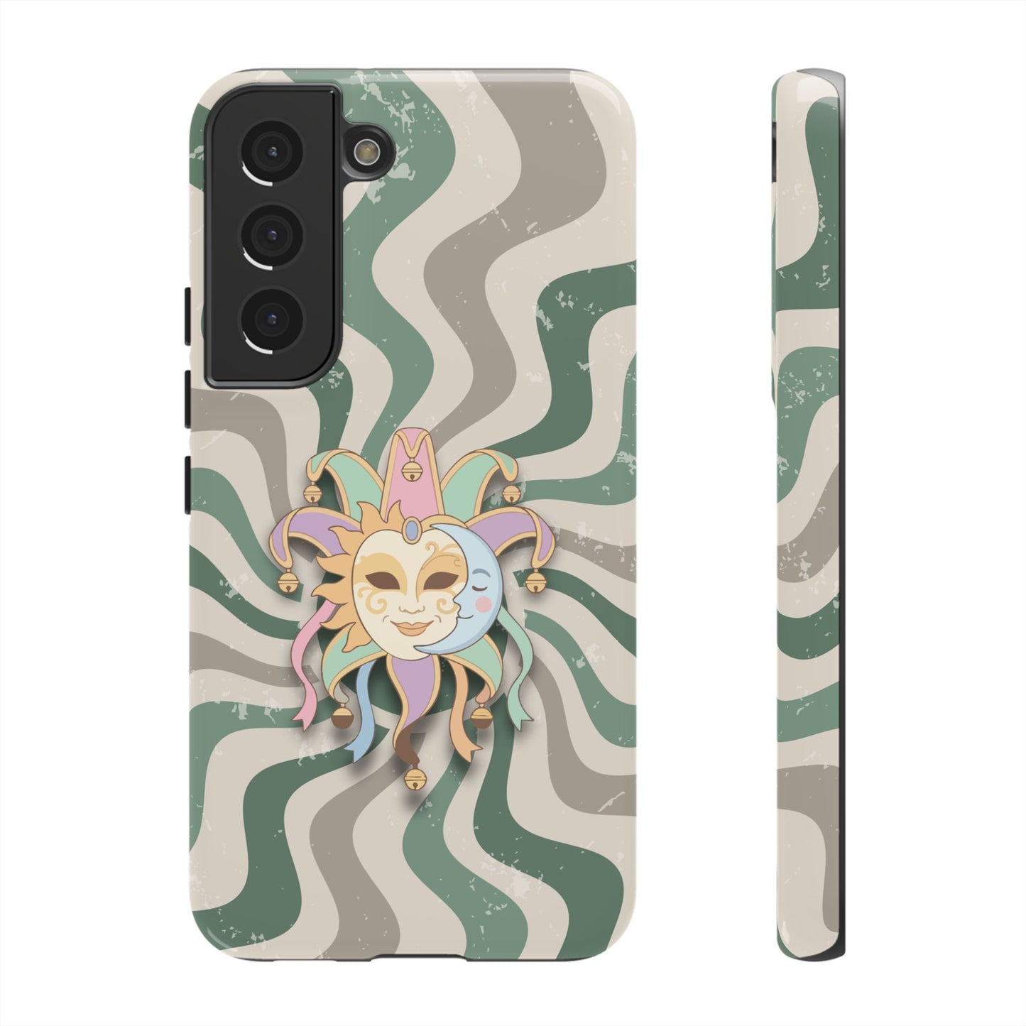 Samsung Galaxy S22 / Glossy Phone Case - Sun & Moon Jester Mask – Green Retro Wave Phone Case