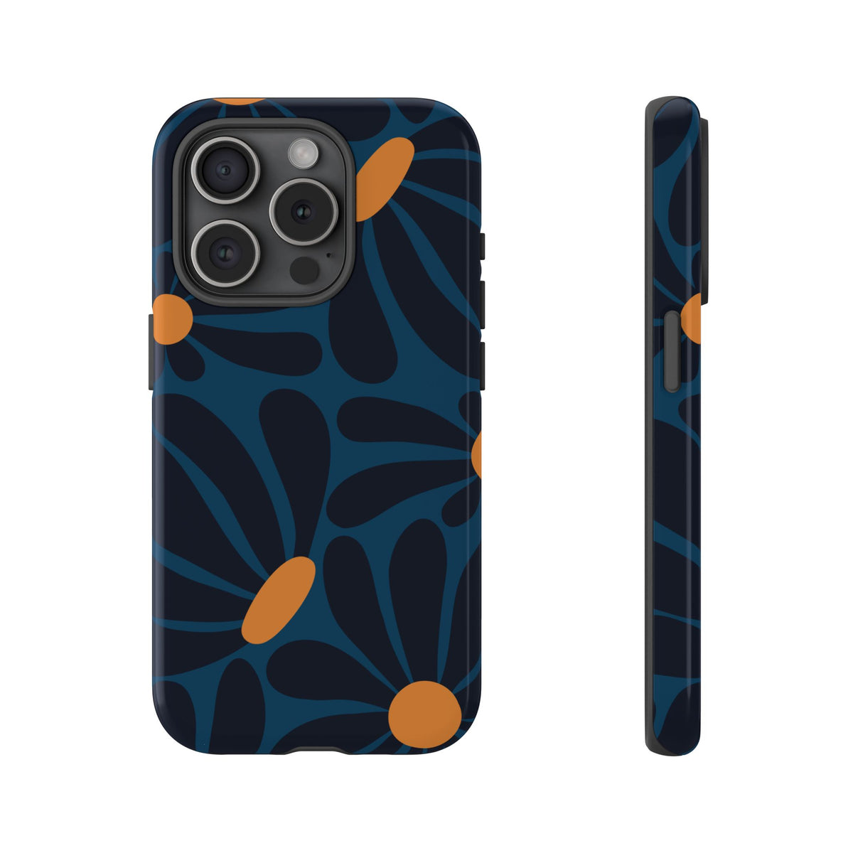 Dark Blue & Orange Daisy Pattern Phone Case - Blue Phone Case - iPhone 15 Pro / Glossy