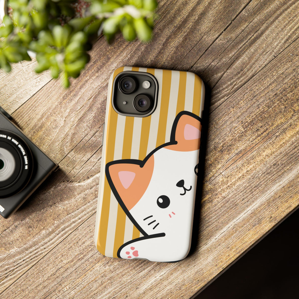 Playful Peakaboo Cat with Yellow Stripe Pattern Phone Case - Yellow Phone Case