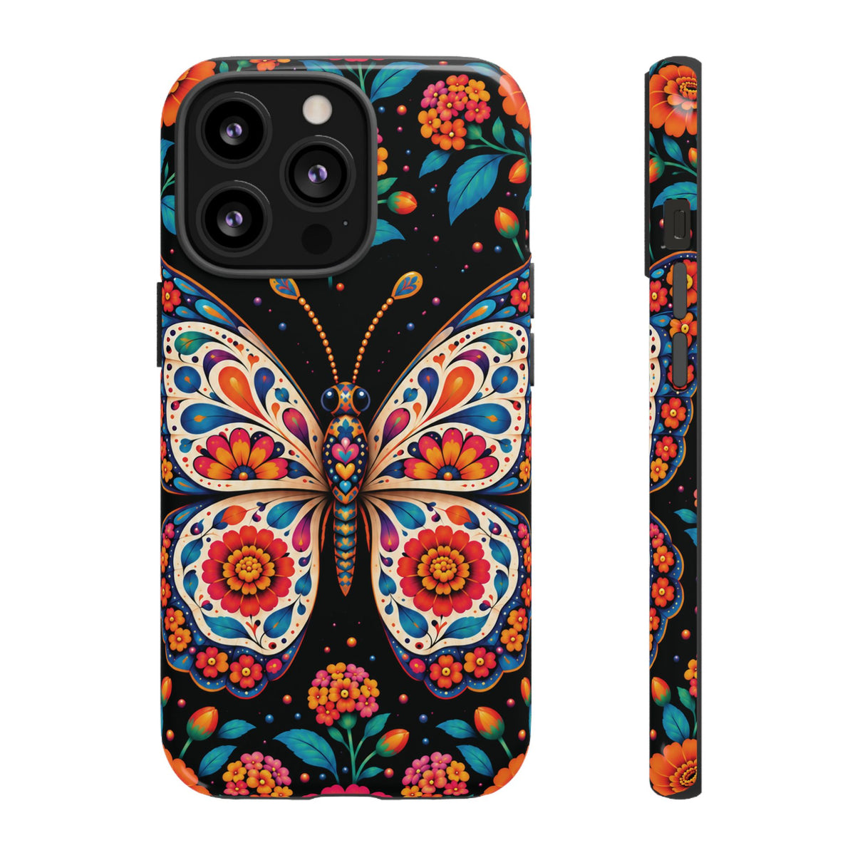 Vibrant Orange and Turquoise Calavera Butterfly Phone Case - Multicolor Phone Case - iPhone 13 Pro / Glossy