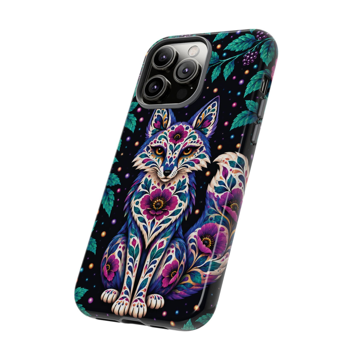 Vibrant Purple and Teal Calavera Fox Phone Case - Multicolor Phone Case