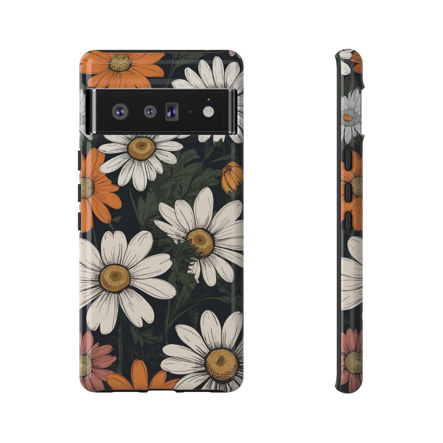 Google Pixel 6 Pro / Glossy Phone Case - Boho Chic Daisies Floral Pattern ’White Orange & Pink’ Phone Case