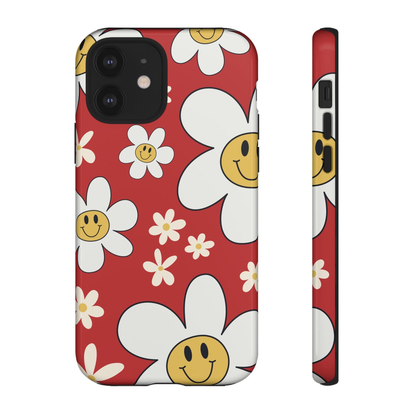 iPhone 12 / Glossy Phone Case - Fun Retro Daisy Pattern with Red Background Phone Case
