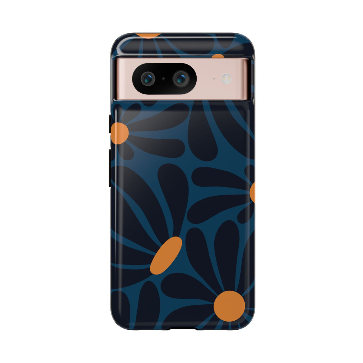 Dark Blue & Orange Daisy Pattern Phone Case - Blue Phone Case - Google Pixel 8 / Glossy