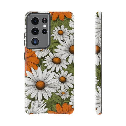 Samsung Galaxy S21 Ultra / Glossy Phone Case - Boho Chic Daisies Floral Pattern ’White Orange & Green’ Phone Case