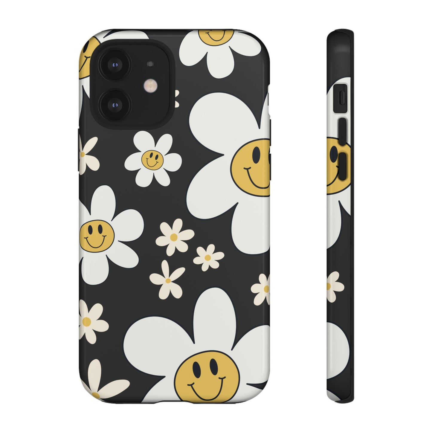 iPhone 12 / Glossy Phone Case - Fun Retro Daisy Pattern with Dark Grey Background Phone Case