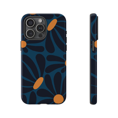 Dark Blue & Orange Daisy Pattern Phone Case - Blue Phone Case - iPhone 15 Pro Max / Glossy