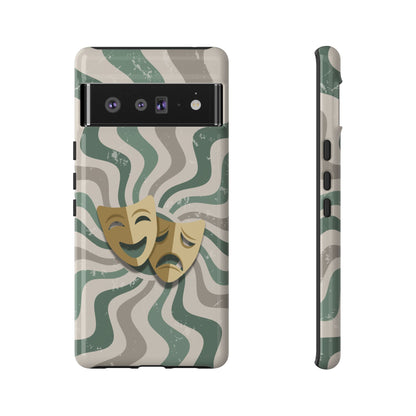 Google Pixel 6 Pro / Glossy Phone Case - Comedy & Tragedy Masks – Green Minimal Retro Wave Phone Case