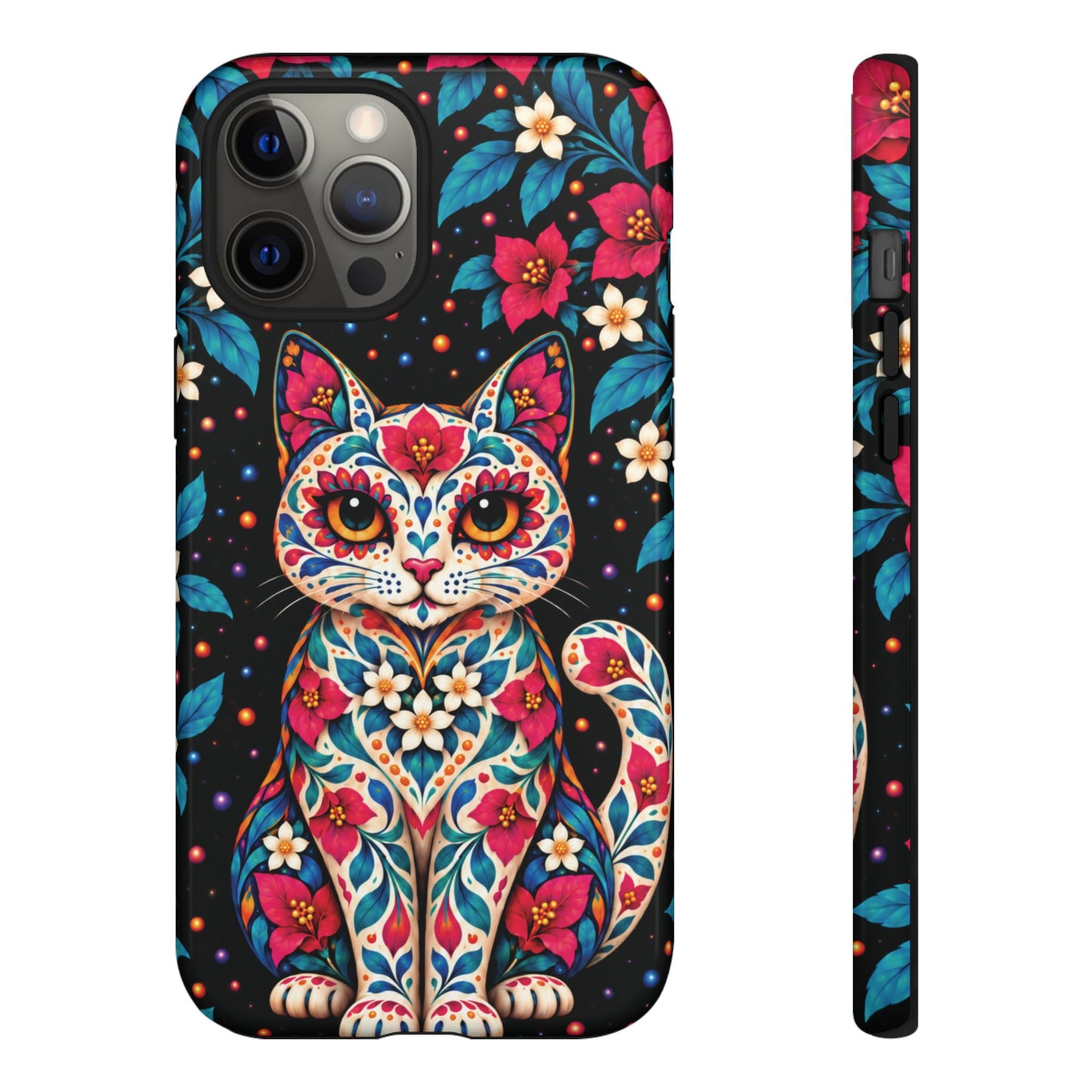 Vibrant Pink and Turquoise Calavera Cat Phone Case - Multicolor Phone Case - iPhone 12 Pro Max / Glossy