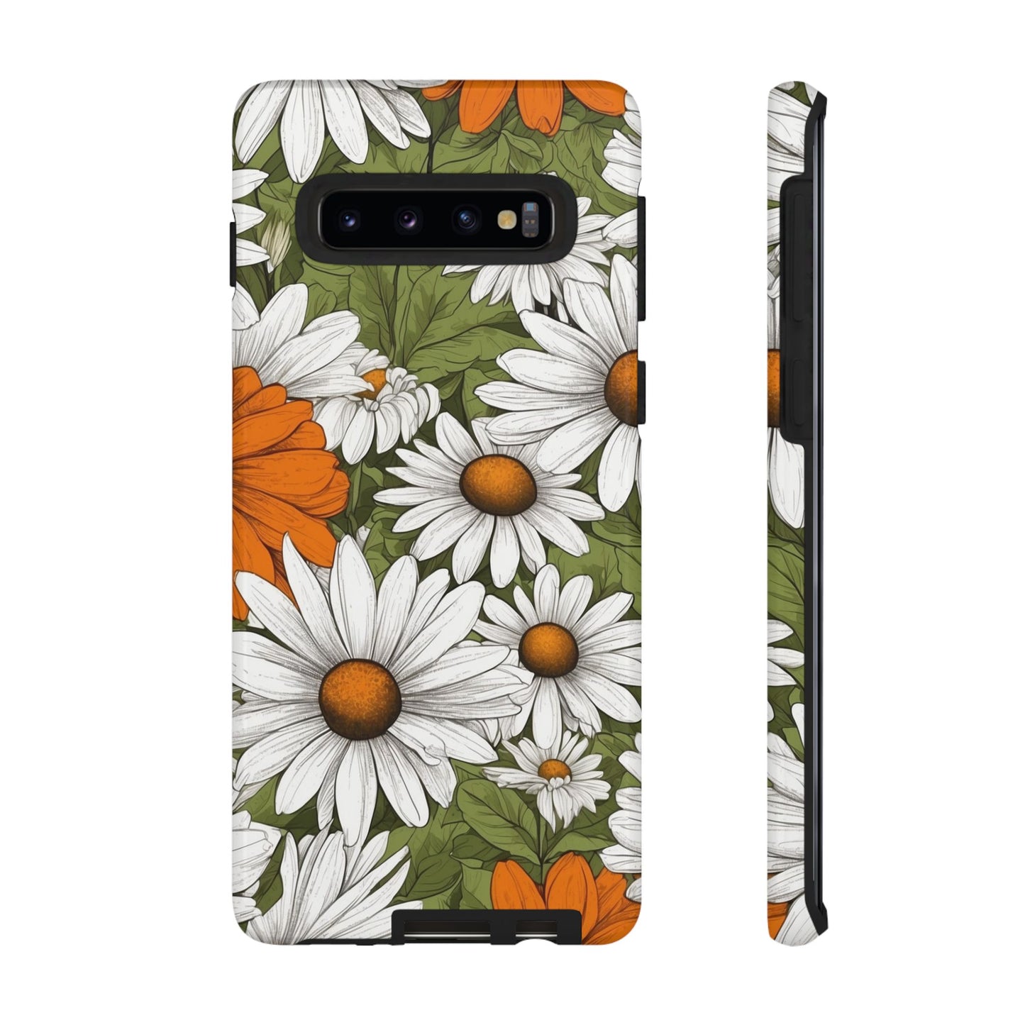 Samsung Galaxy S10 / Glossy Phone Case - Boho Chic Daisies Floral Pattern ’White Orange & Green’ Phone Case