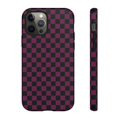 iPhone 12 Pro / Glossy Phone Case - Trendy Plum & Black Small Checked Pattern Phone Case
