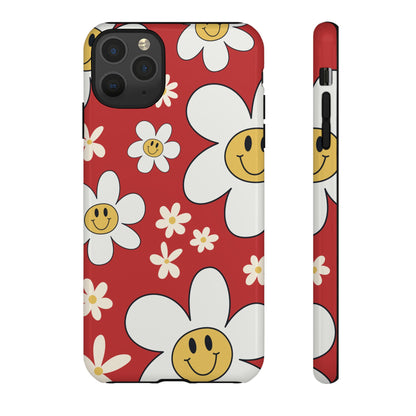 iPhone 11 Pro Max / Glossy Phone Case - Fun Retro Daisy Pattern with Red Background Phone Case