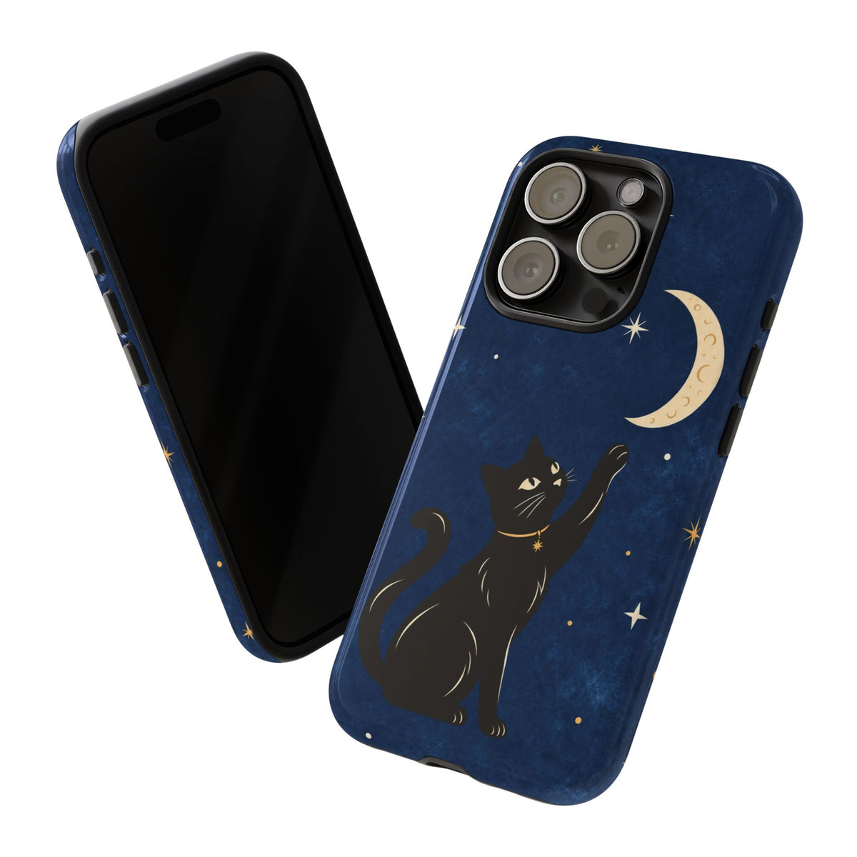 Whimsical Navy Blue Celestial Black Cat Phone Case