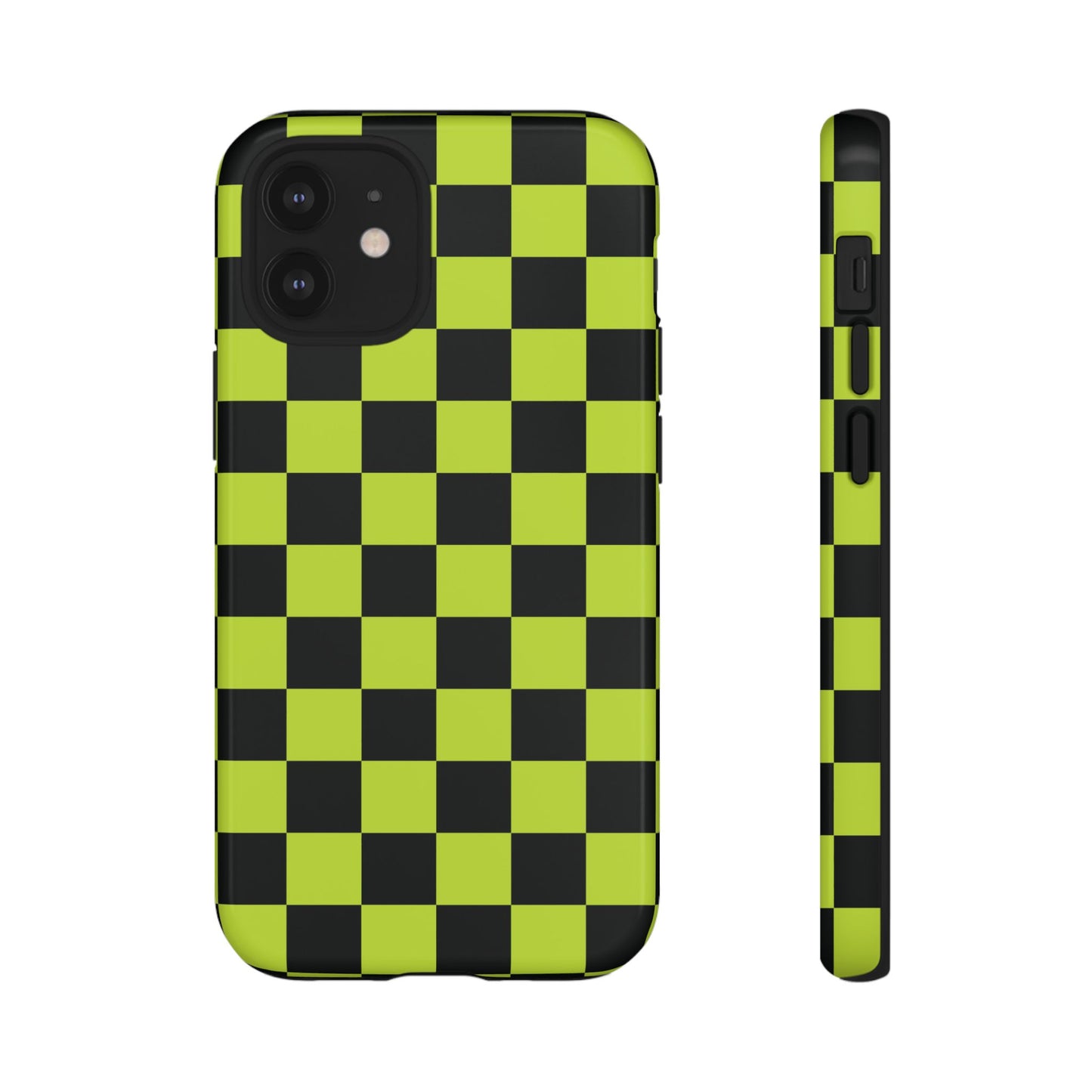 iPhone 12 Mini / Glossy Phone Case - Trendy Neon Lime Green & Black Checked Pattern Phone Case