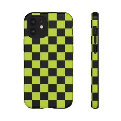 iPhone 12 Mini / Glossy Phone Case - Trendy Neon Lime Green & Black Checked Pattern Phone Case