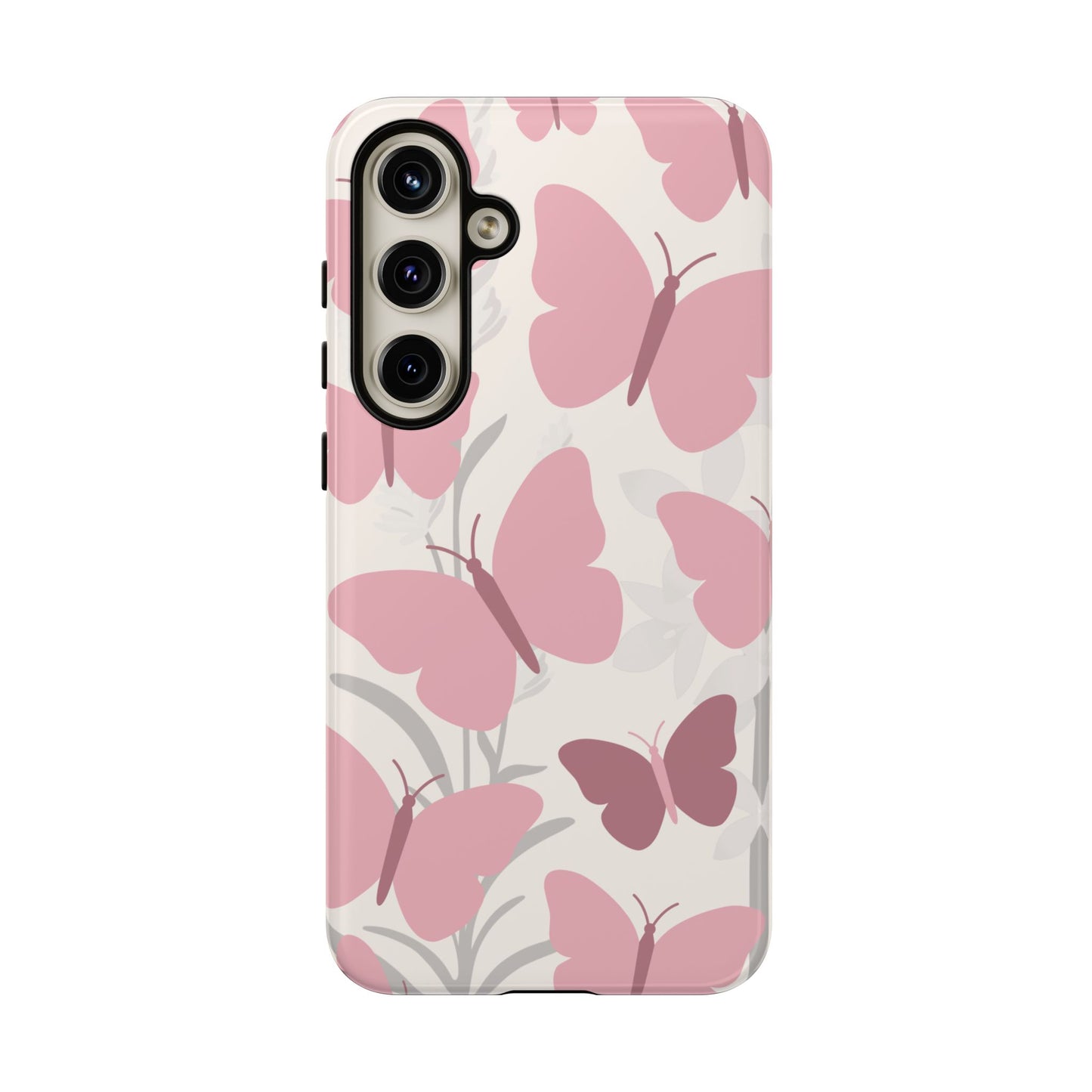 Samsung Galaxy S24 Plus / Glossy Phone Case - Minimalist Cream & Pink Butterfly Pattern Phone Case