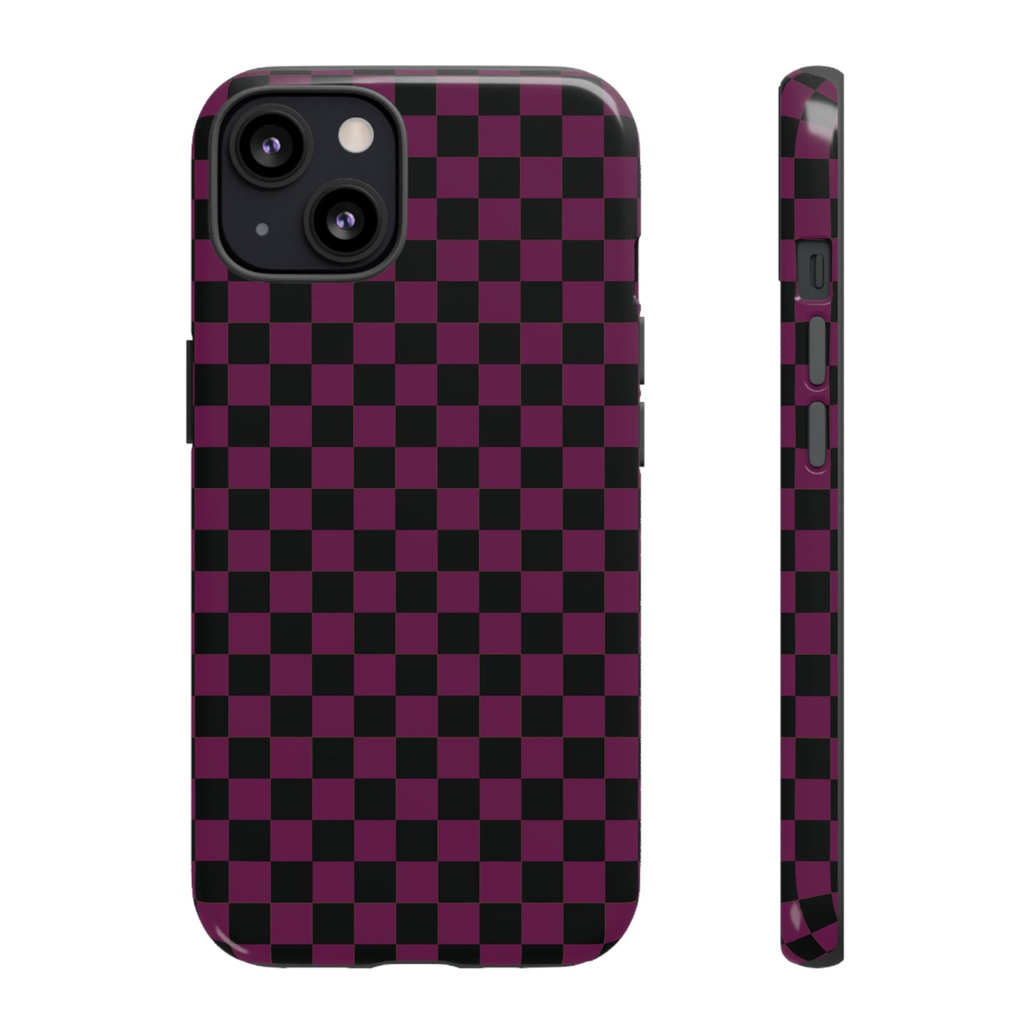 iPhone 13 / Glossy Phone Case - Trendy Plum & Black Small Checked Pattern Phone Case