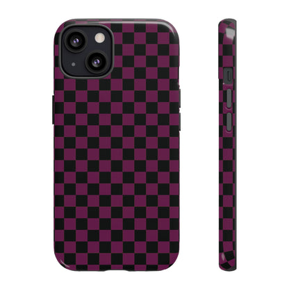 iPhone 13 / Glossy Phone Case - Trendy Plum & Black Small Checked Pattern Phone Case