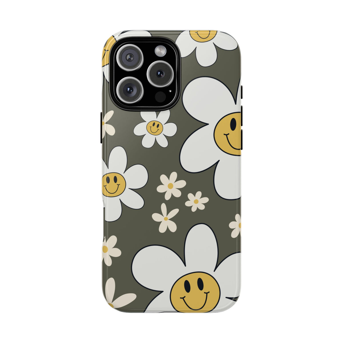Fun Retro Daisy Pattern with Olive Green Background Phone Case - Green Phone Case - iPhone 16 Pro Max / Glossy