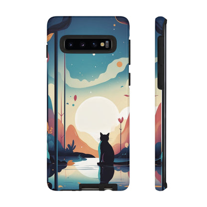 Samsung Galaxy S10 / Glossy Phone Case - Stylised Cat & Moon Design Phone Case