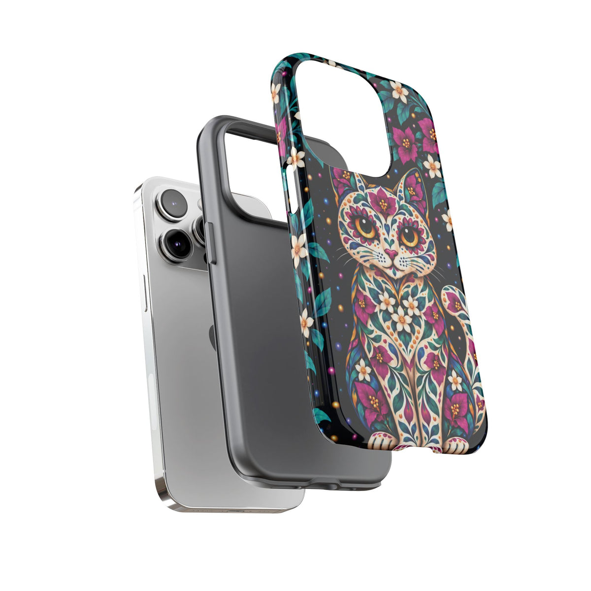 Vibrant Purple and Teal Calavera Cat Phone Case - Multicolor Phone Case