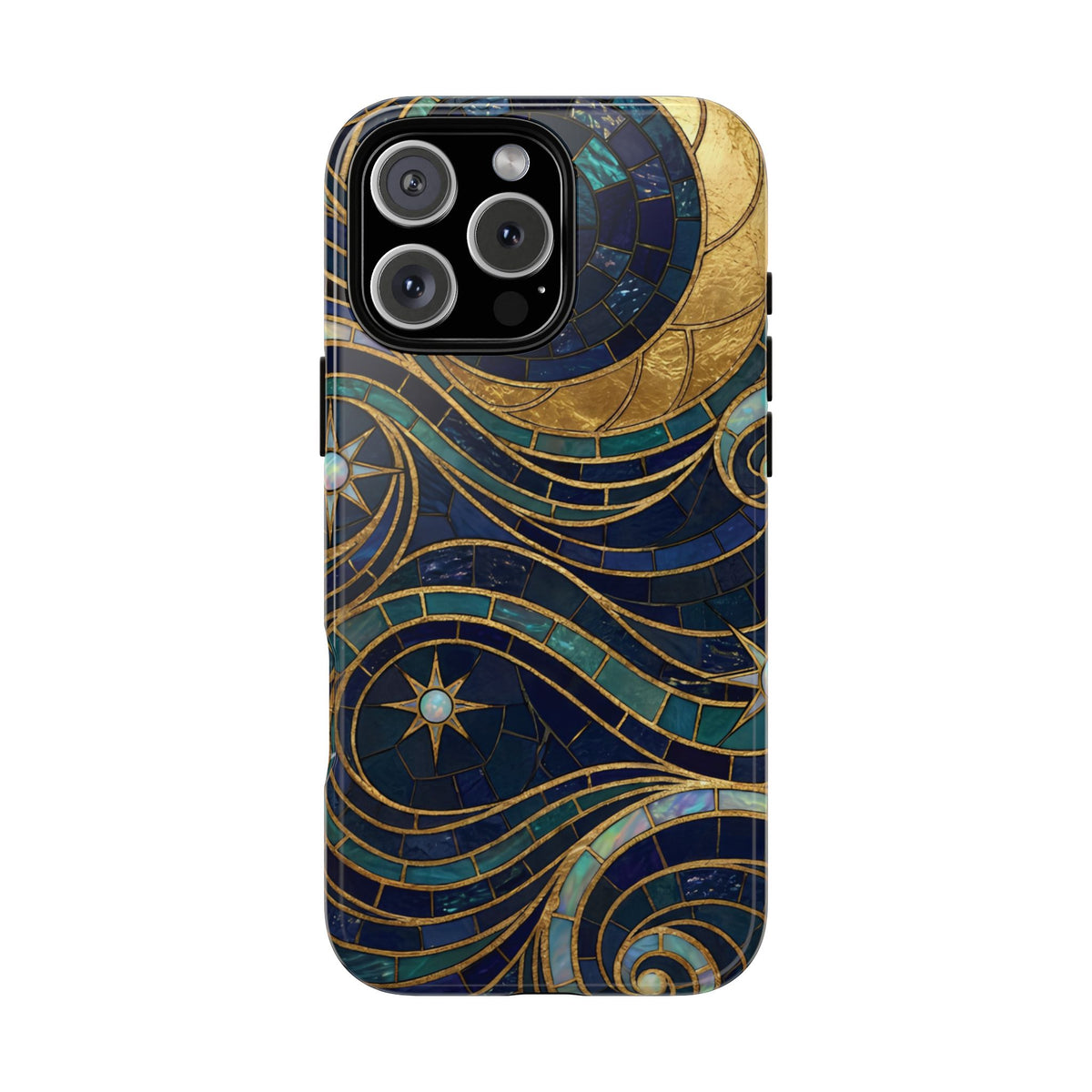 Elegant Navy & Gold Crescent Moon Mosaic Phone Case