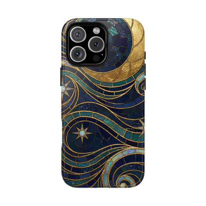 Elegant Navy & Gold Crescent Moon Mosaic Phone Case