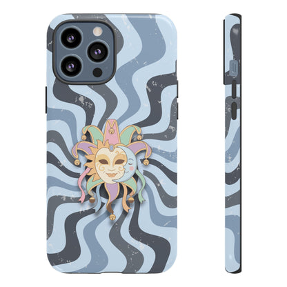iPhone 13 Pro Max / Glossy Phone Case - Sun & Moon Jester Mask – Blue Retro Wave Phone Case