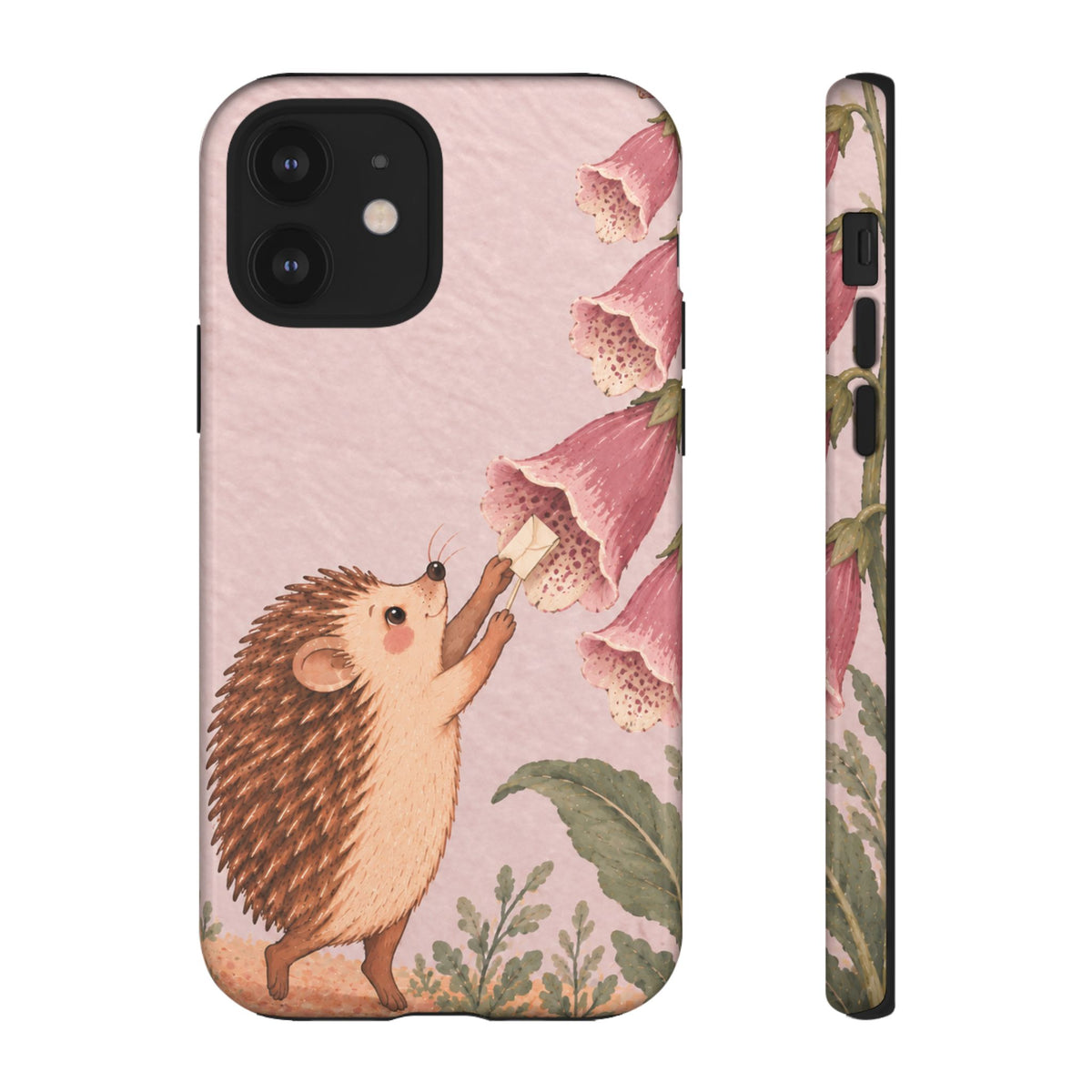 Whimsical Blush Pink Hedgehog and Foxglove Phone Case - Pink Phone Case - iPhone 12 / Glossy