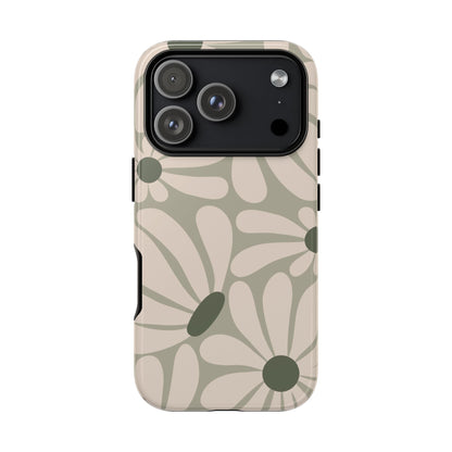 iPhone 17 Pro / Glossy Phone Case - ’Retro Cream & Green Daisy Pattern’ Phone Case