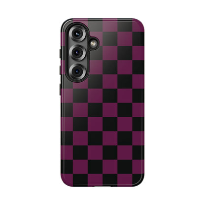 Samsung Galaxy S25 / Glossy Phone Case - Trendy Plum & Black Checked Pattern Phone Case