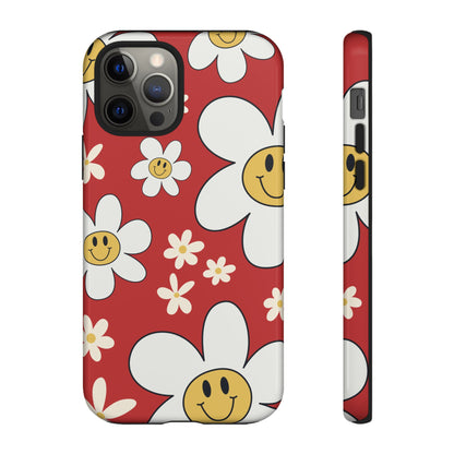 iPhone 12 Pro / Glossy Phone Case - Fun Retro Daisy Pattern with Red Background Phone Case