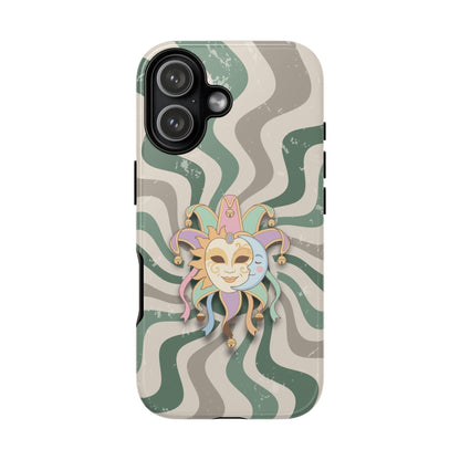 iPhone 17 / Glossy Phone Case - Sun & Moon Jester Mask – Green Retro Wave Phone Case