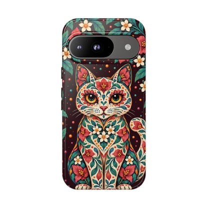Vibrant Terracotta and Teal Calavera Cat Phone Case - Multicolor Phone Case - Google Pixel 9 / Glossy
