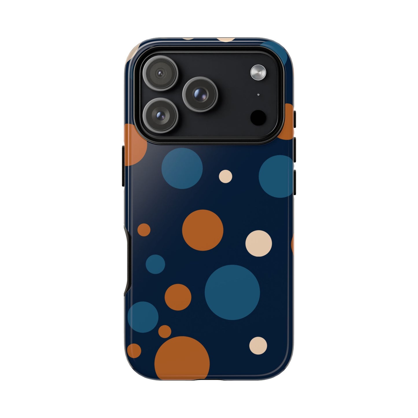 iPhone 17 Pro / Glossy Phone Case - ’Bold Navy Blue & Orange / White Dot Pattern’ Phone Case