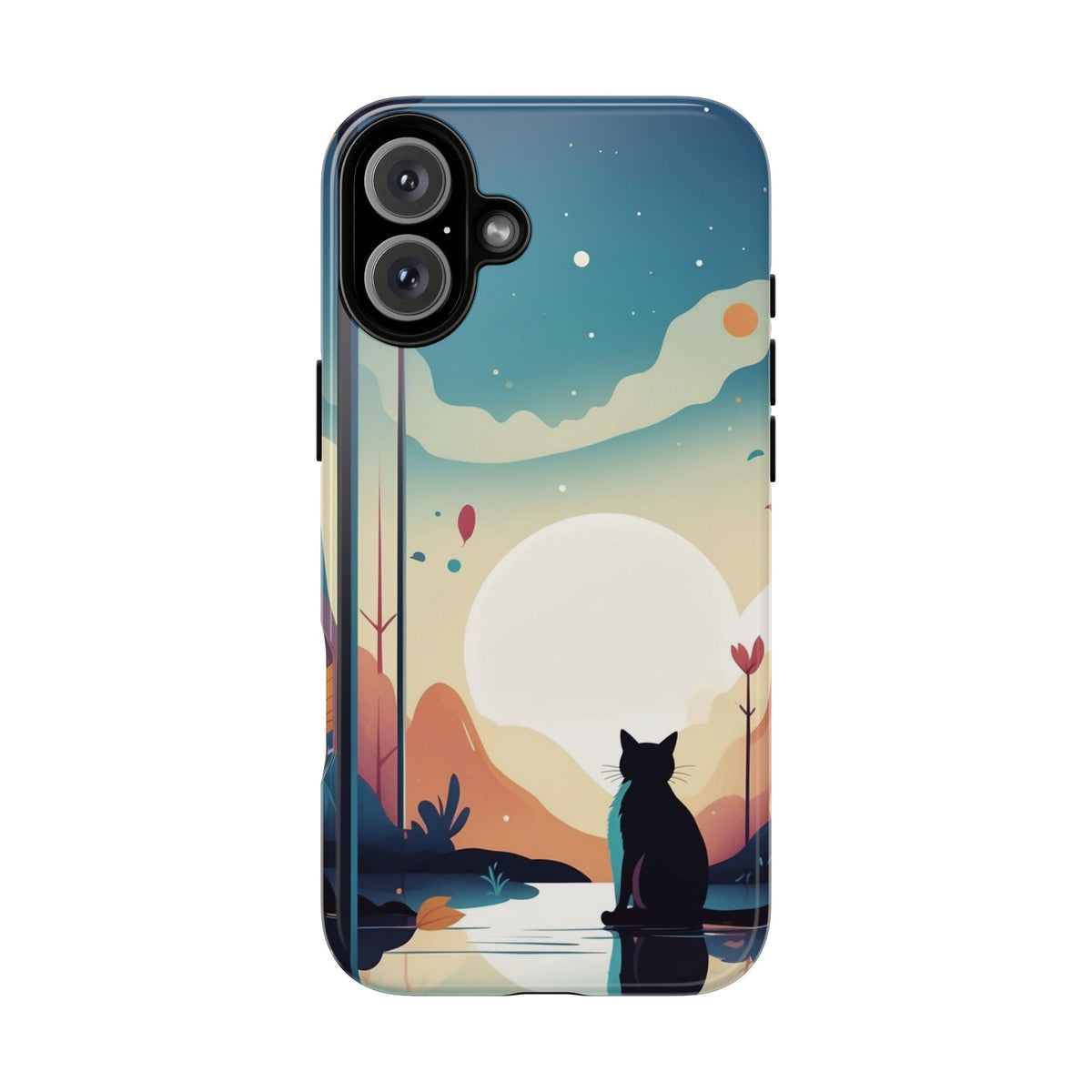 Stylised Cat & Moon Design Phone Case - Multicolor Phone Case - iPhone 16 Plus / Glossy