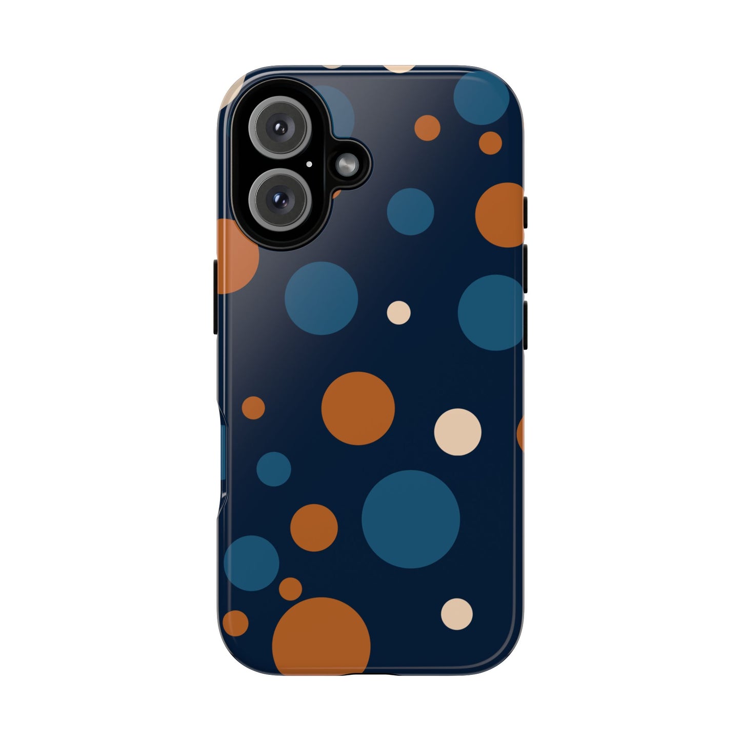 iPhone 16 / Glossy Phone Case - ’Bold Navy Blue & Orange / White Dot Pattern’ Phone Case