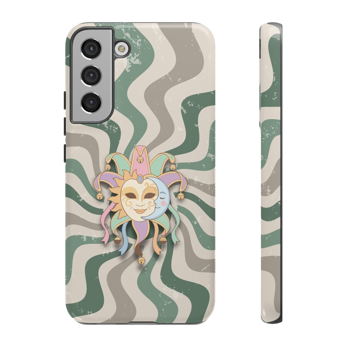 Samsung Galaxy S22 Plus / Glossy Phone Case - Sun & Moon Jester Mask – Green Retro Wave Phone Case
